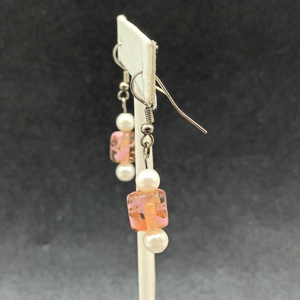 Pierced Earrings Silver tone Pink Art Glass Faux Pearl Asymmetrical Dangle 1"