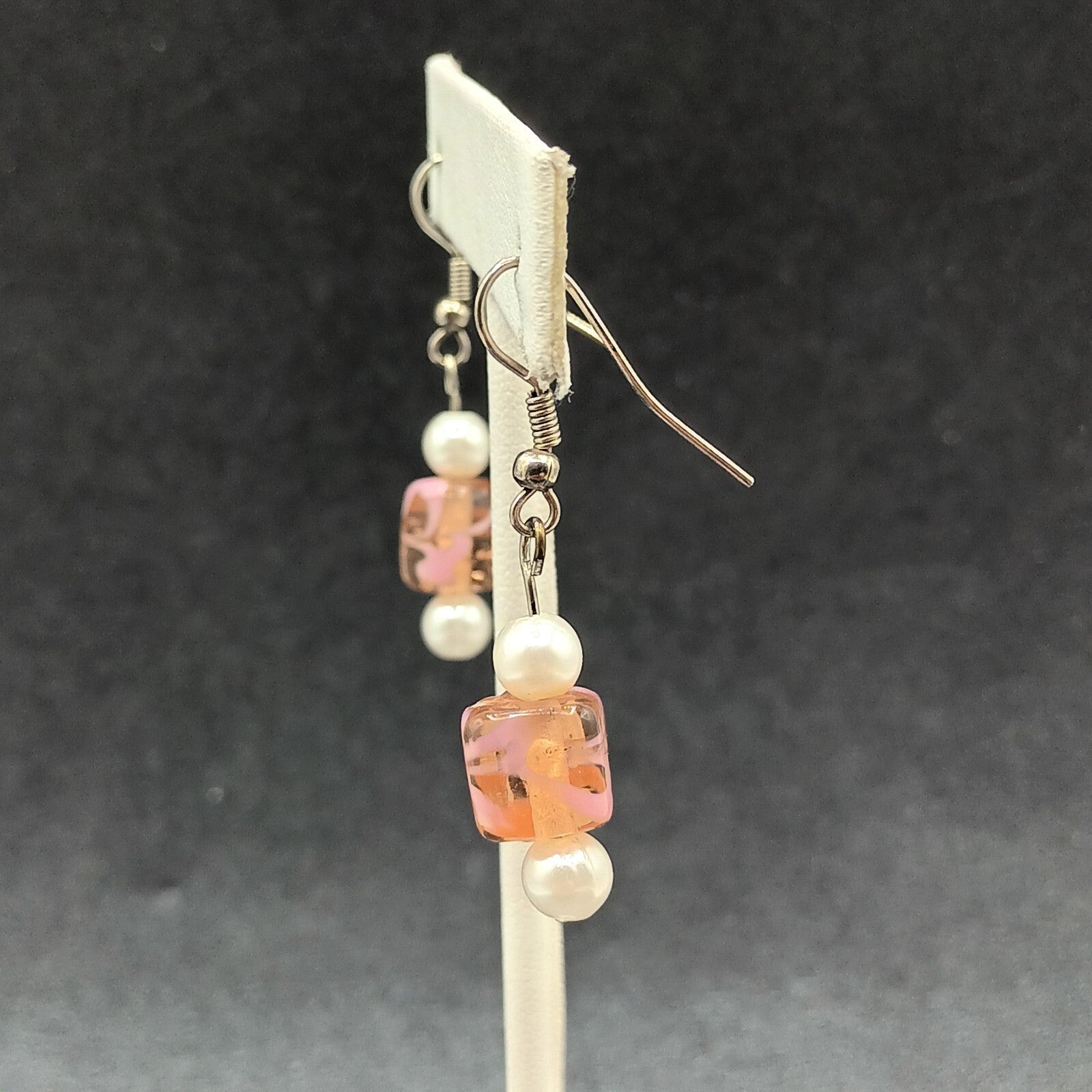 Pierced Earrings Silver tone Pink Art Glass Faux Pearl Asymmetrical Dangle 1"
