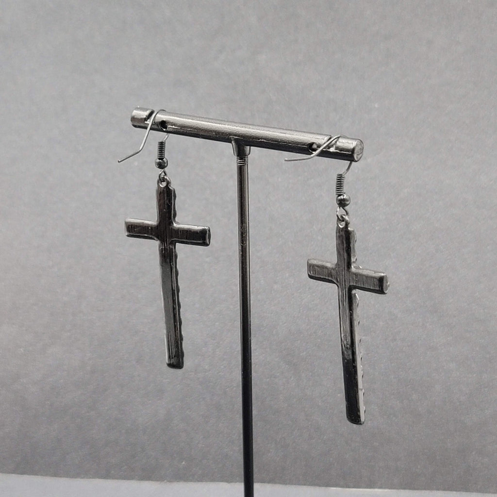 Cross Heart Pierced Earrings Black Metal Enamel AB Rhinestones Dangle 1 7/8"