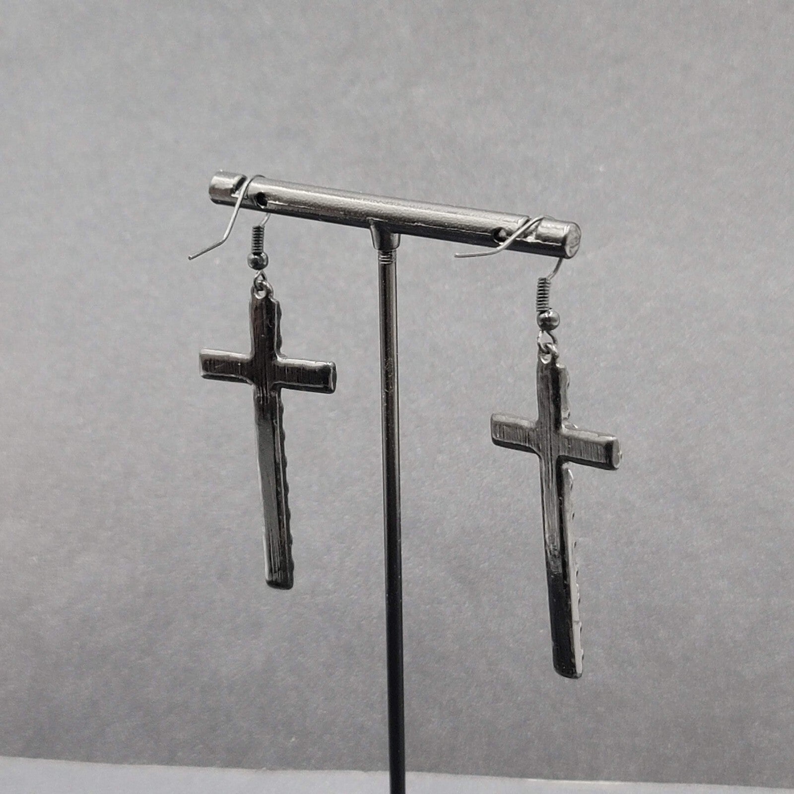 Cross Heart Pierced Earrings Black Metal Enamel AB Rhinestones Dangle 1 7/8"