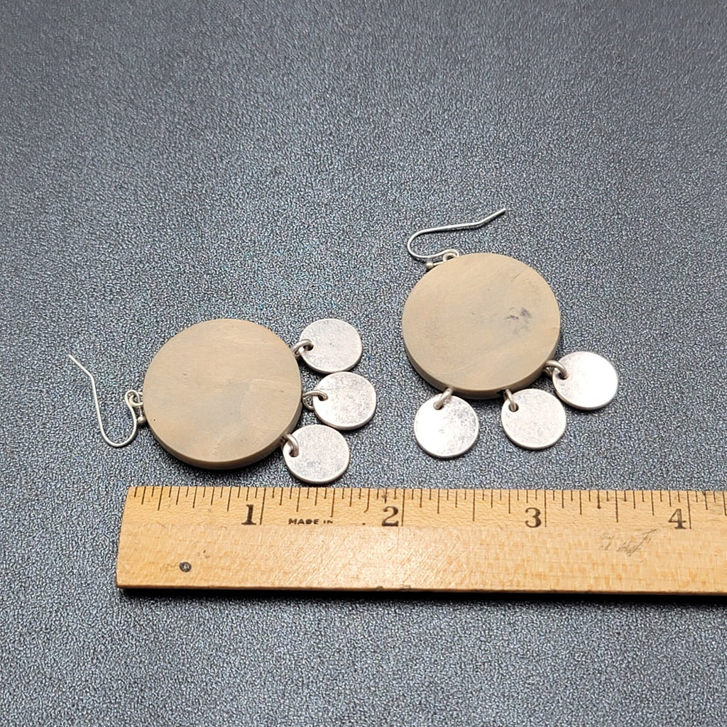 Pierced Earrings Round Wood Silver tone Discs 1.75"