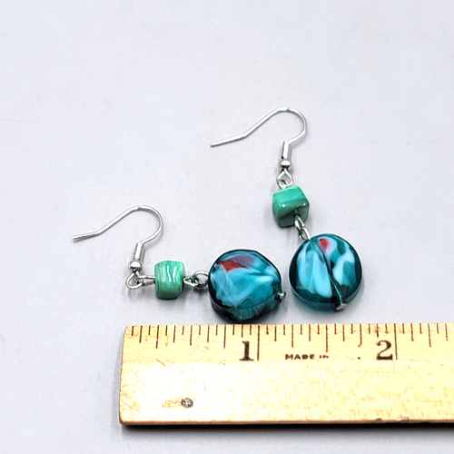 Blue and Green Art Glass Beads Pierced Earrings Silver tone Dangle 1.25 in