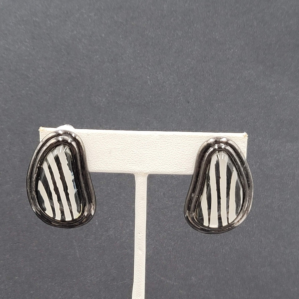 Vintage Clip on Earrings Black Metal Glass Stripes Drop 1 1/4"