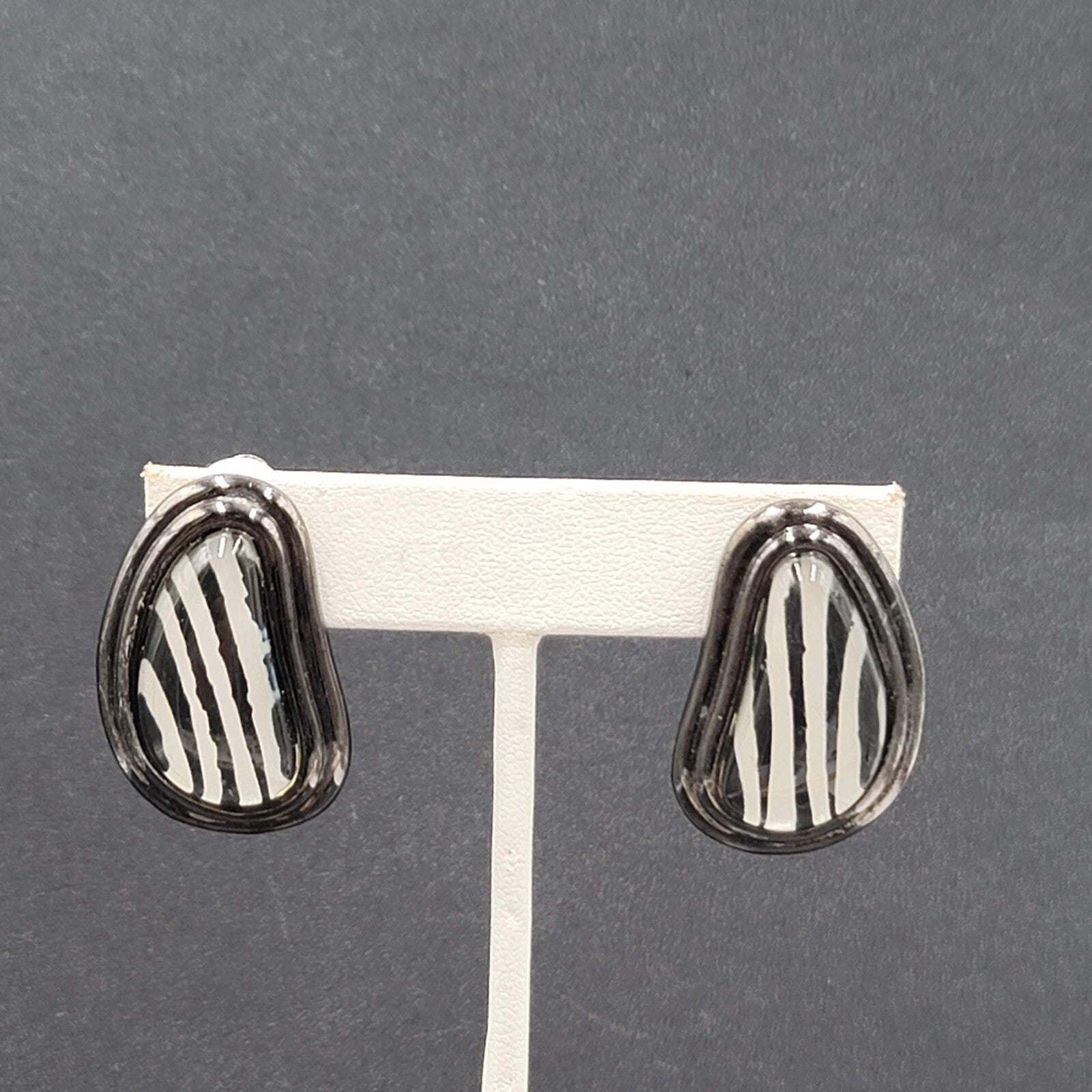 Vintage Clip on Earrings Black Metal Glass Stripes Drop 1 1/4"