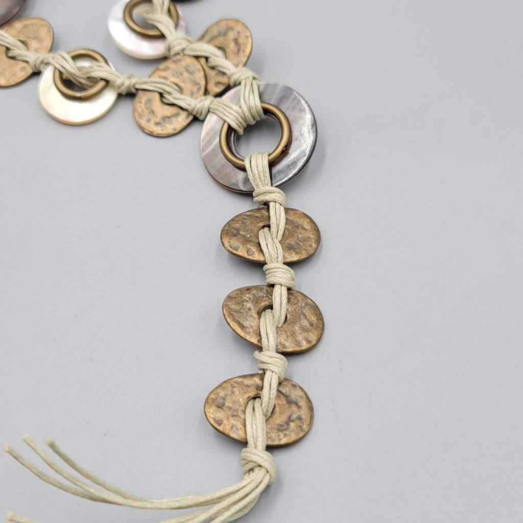 Shell Disc Necklace Cord Long Statement Bronze tone 32"