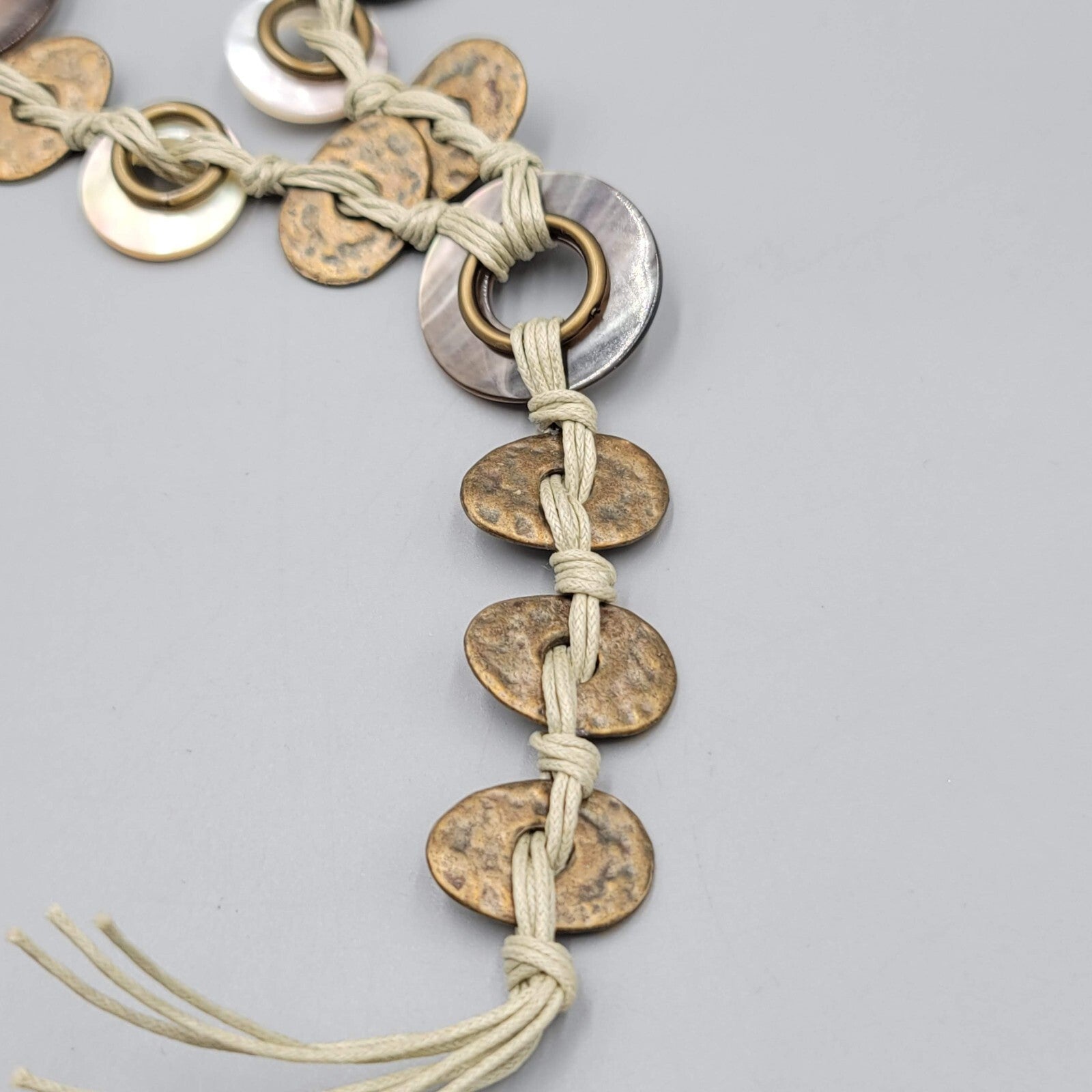 Shell Disc Necklace Cord Long Statement Bronze tone 32"