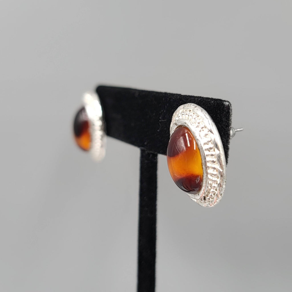 Pierced Earrings Silver tone Acrylic Faux Tortoise Cabochon Oval Drop 3/4"