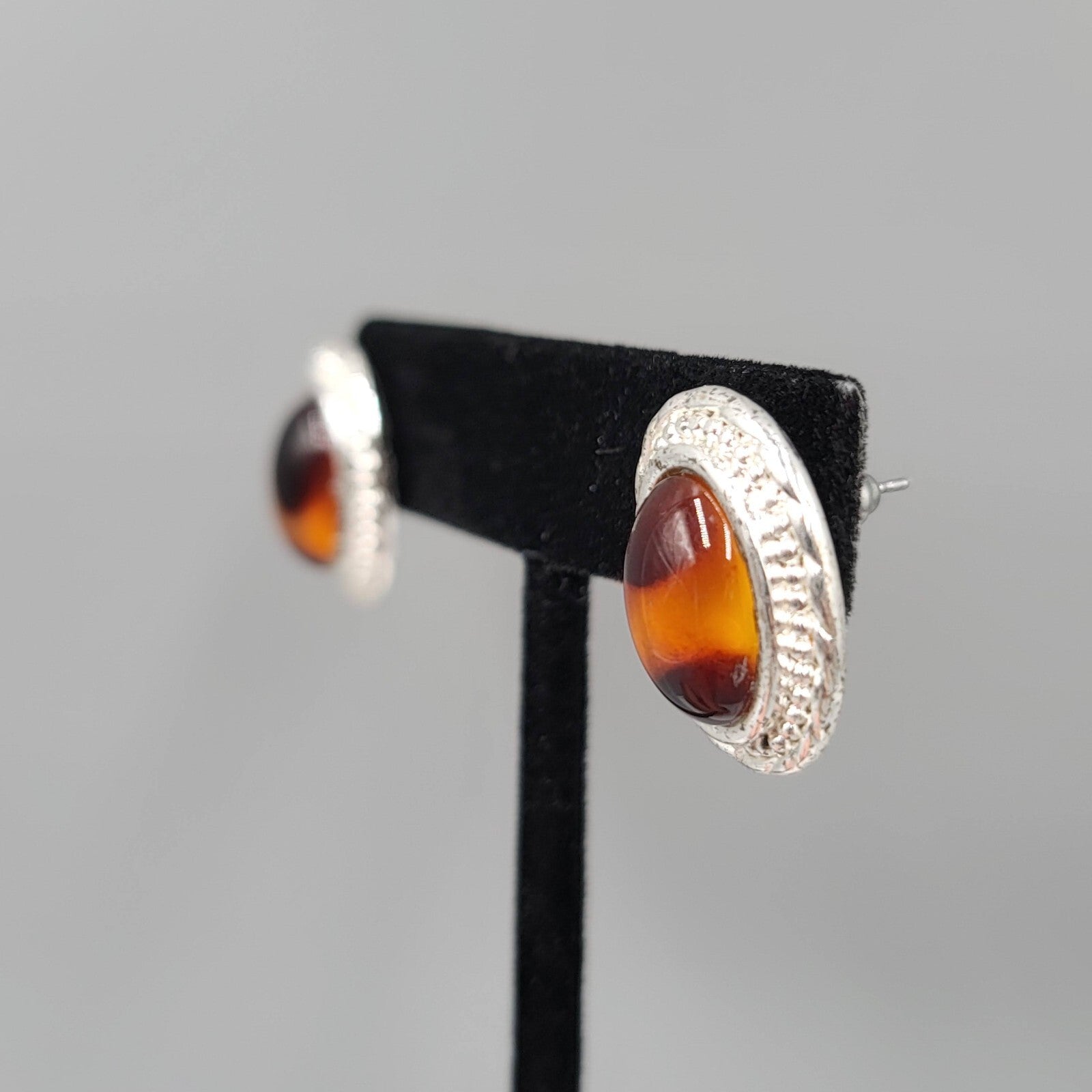 Pierced Earrings Silver tone Acrylic Faux Tortoise Cabochon Oval Drop 3/4"
