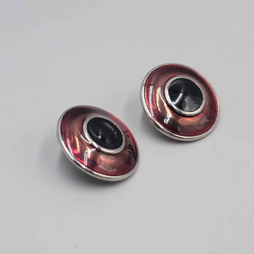 Vintage Round Burgandy Enamel Pierced Earrings Silver tone 1 in