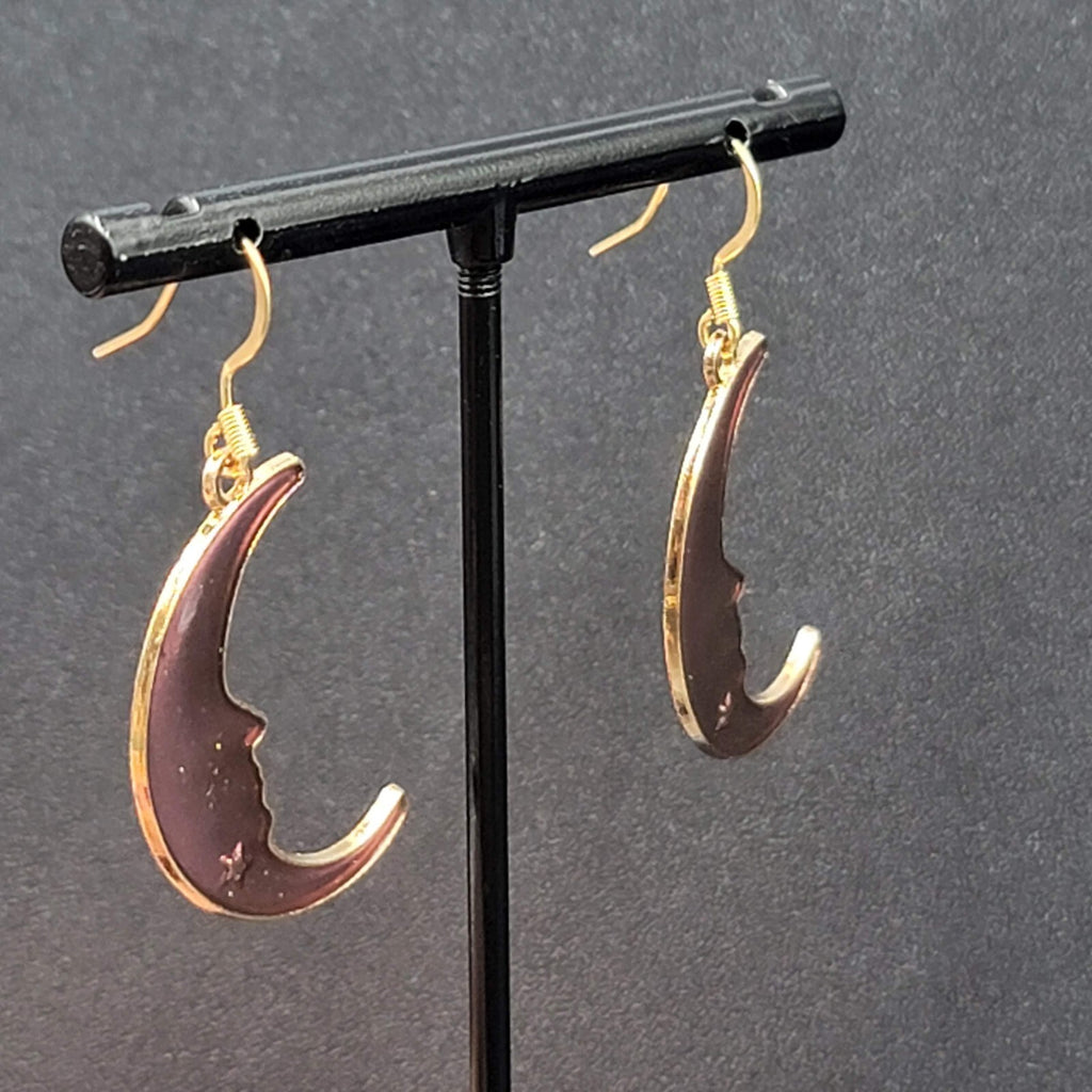 New Moon Pierced Earrings Gold tone Purple Enamel Dangle 1.25"