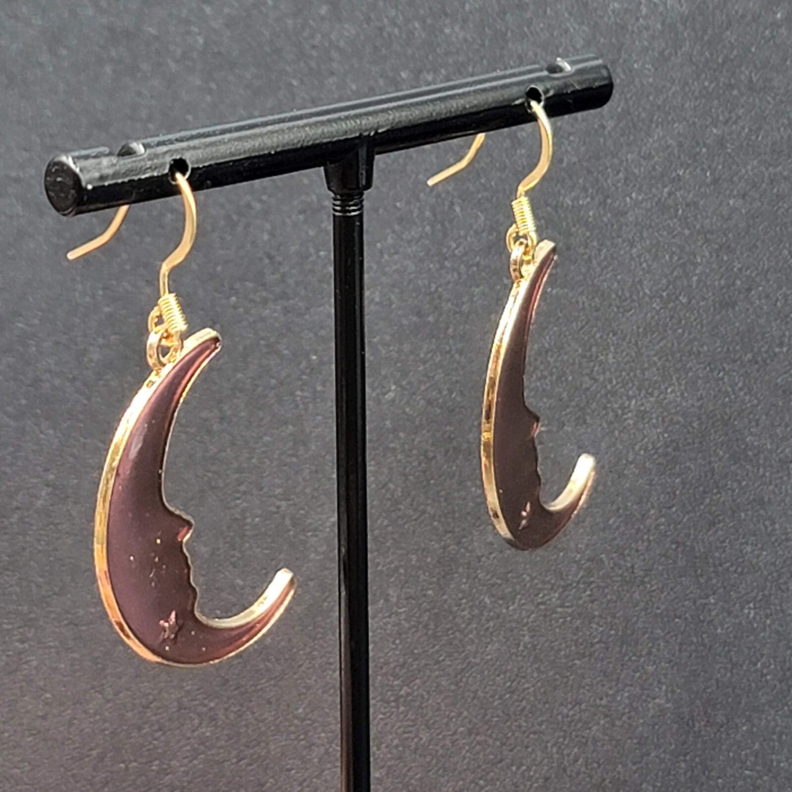 New Moon Pierced Earrings Gold tone Purple Enamel Dangle 1.25"
