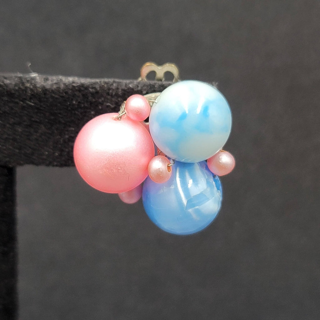 Vintage Clip on Earrings Pink Blue Cluster Beaded Japan 7/8"