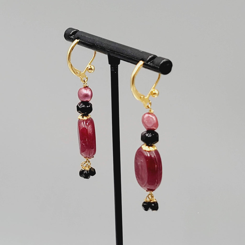 Red Glass Bead Pearl Pierced Earrings Gold tone Dangle 1.25"
