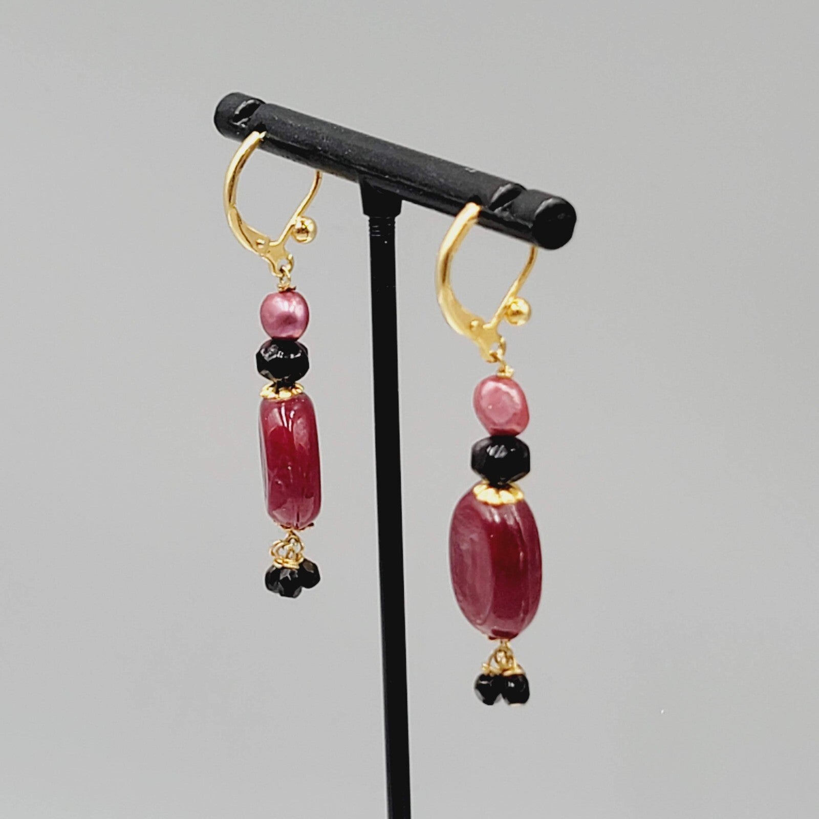 Red Glass Bead Pearl Pierced Earrings Gold tone Dangle 1.25"