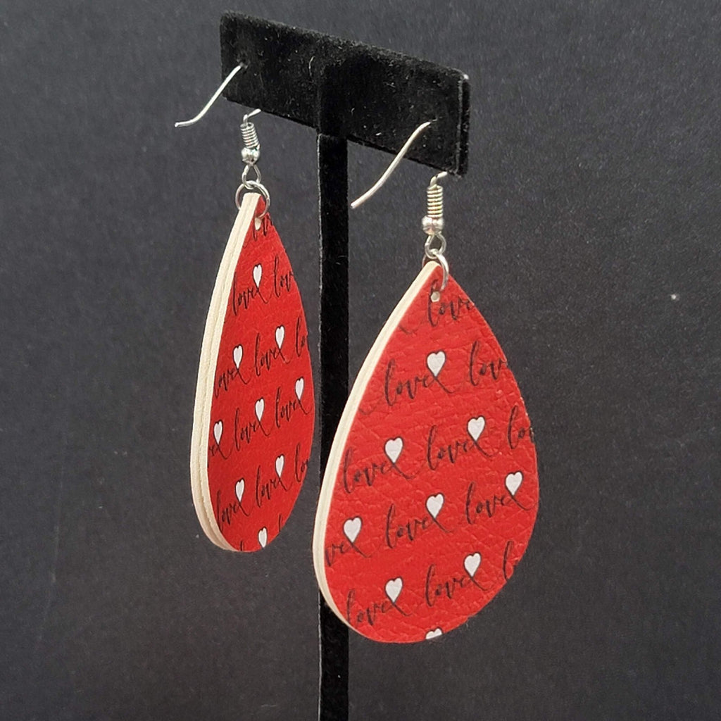 Love Pierced Earrings Faux Leather Valentines Day Teardrop Dangle 2.25"