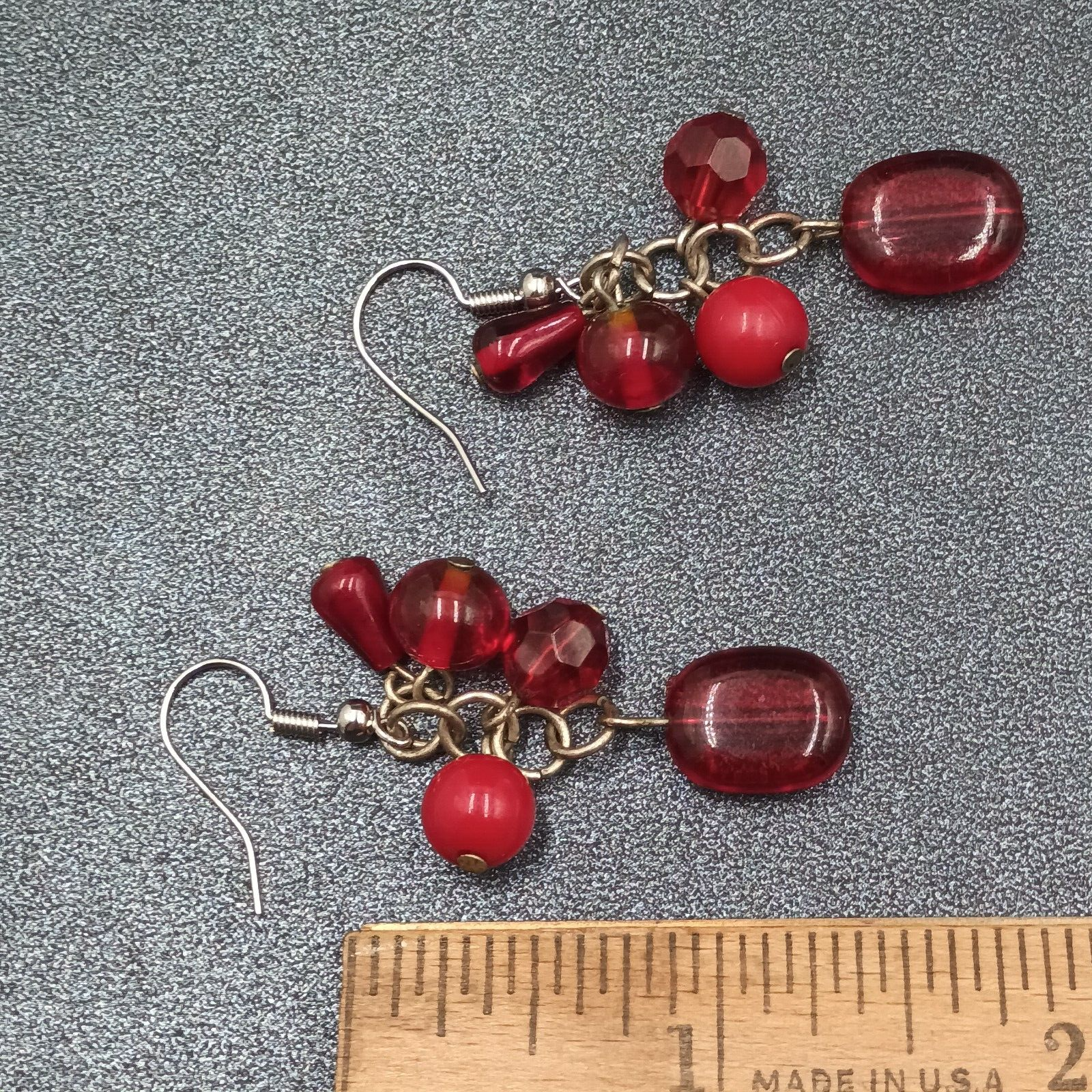 Pierced Earrings Red Acrylic Bead Cluster Silver tone Hook Dangle 1 3/8"