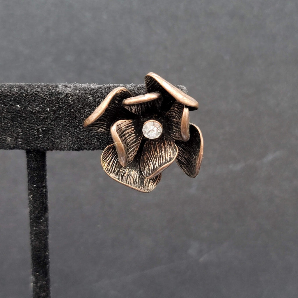 Flower Pierced Earrings Copper tone Rhinestone Drop 1"