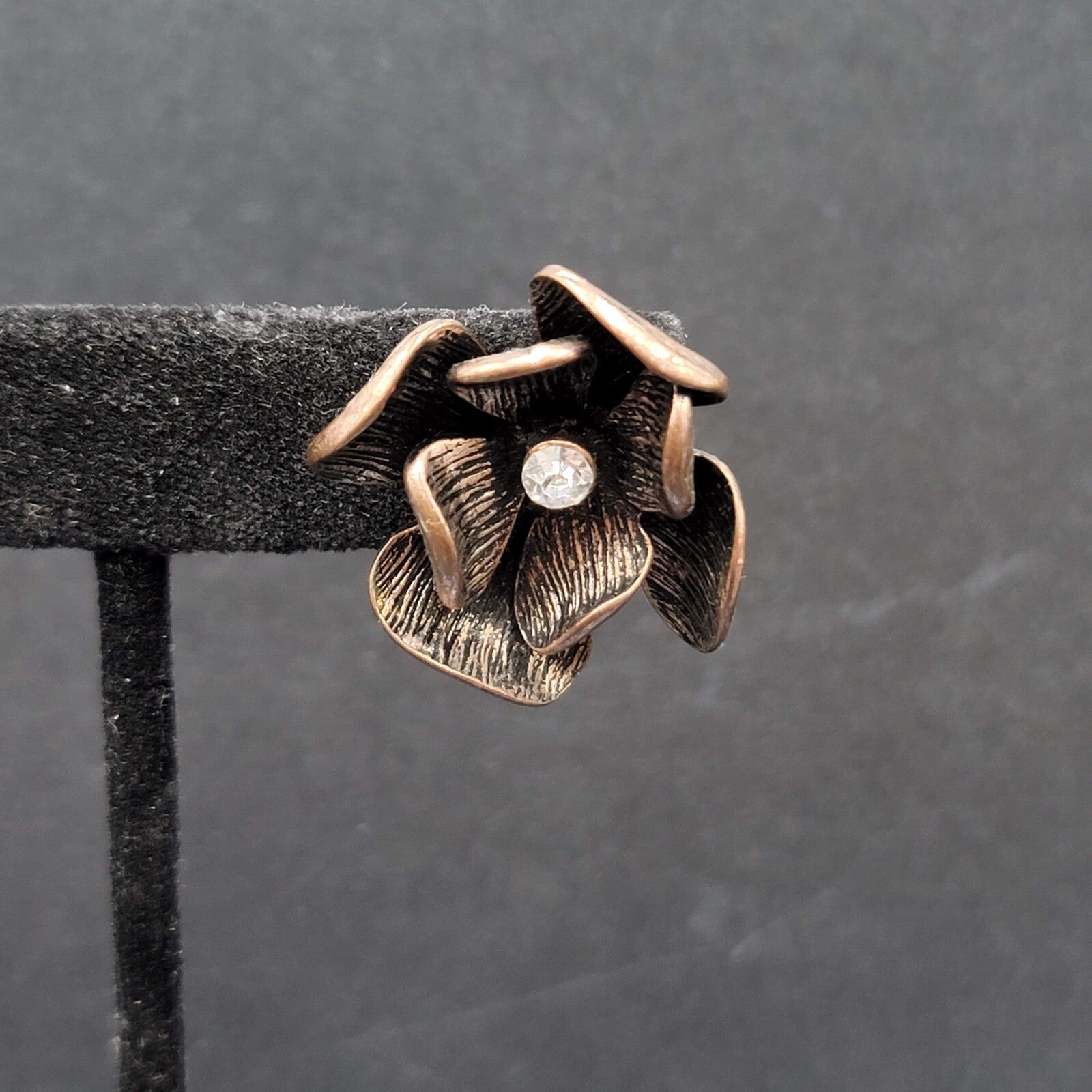 Flower Pierced Earrings Copper tone Rhinestone Drop 1"