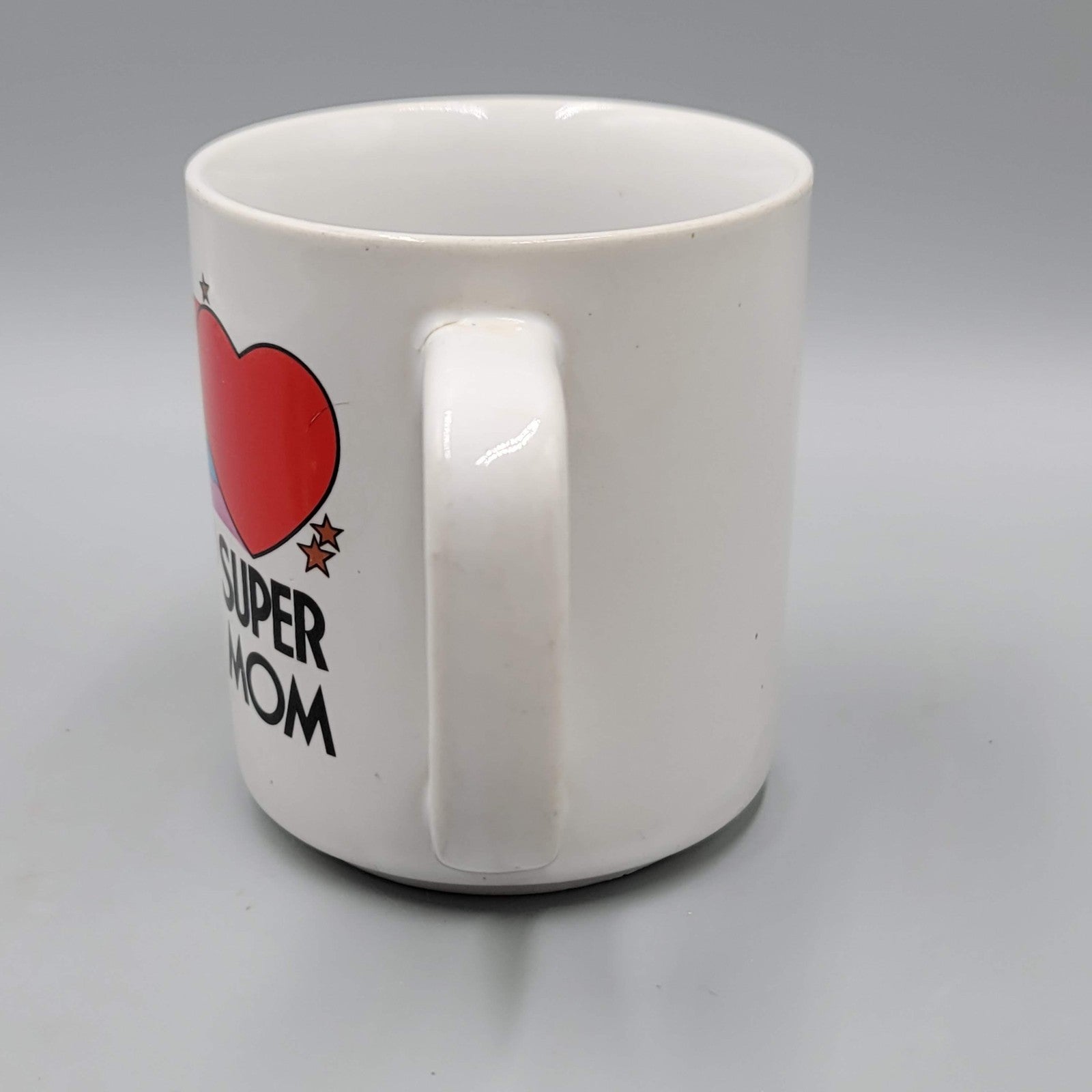 Vintage Super Mom Rainbow Heart Stars Coffee Mug Cup Ceramic White Gift Retro