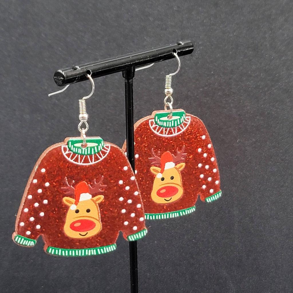 New Pierced Earrings Ugly Christmas Sweater Reindeer Dangle 1.5"