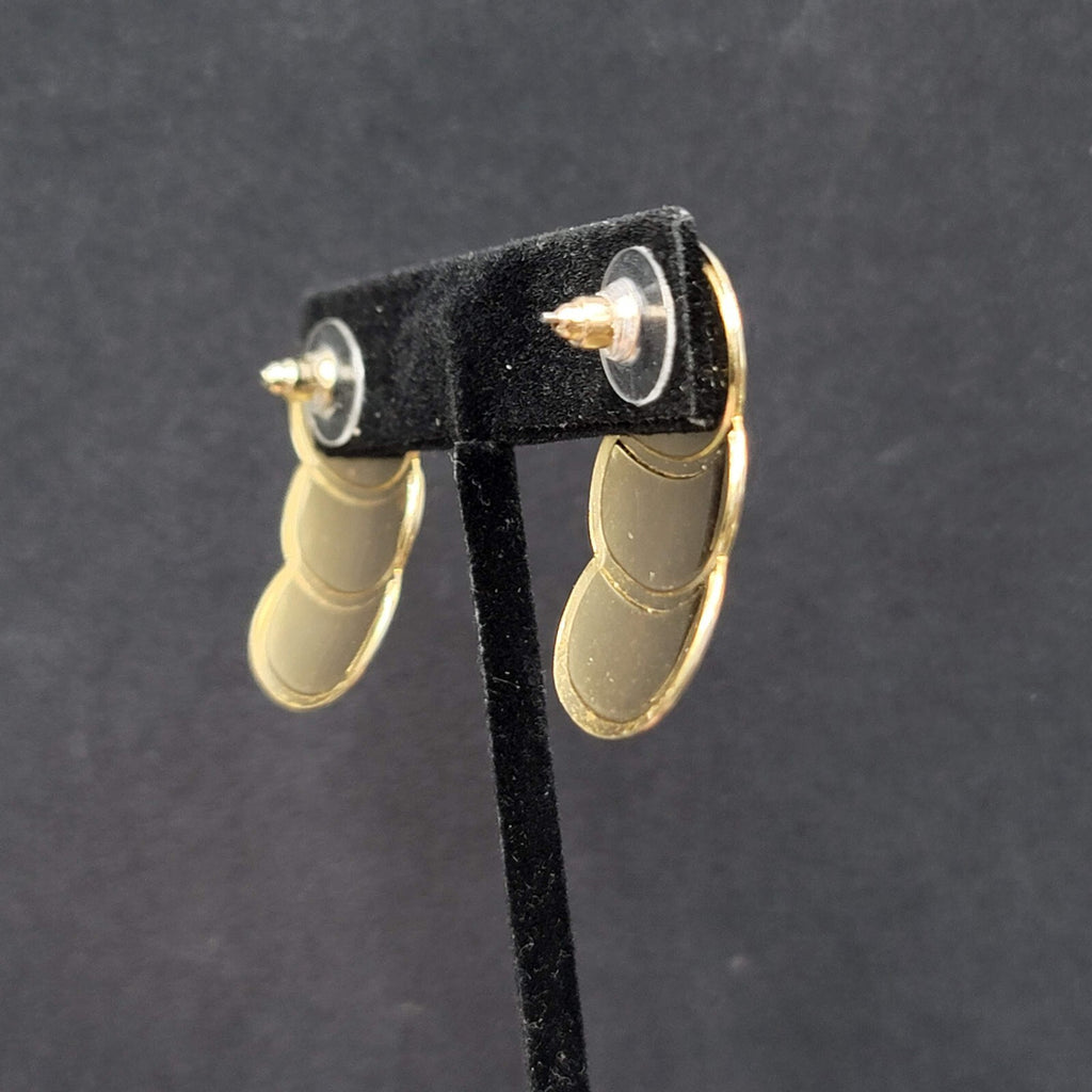 Vintage Pierced Earrings Navy Cream Enamel Drop 80's 1 3/8"
