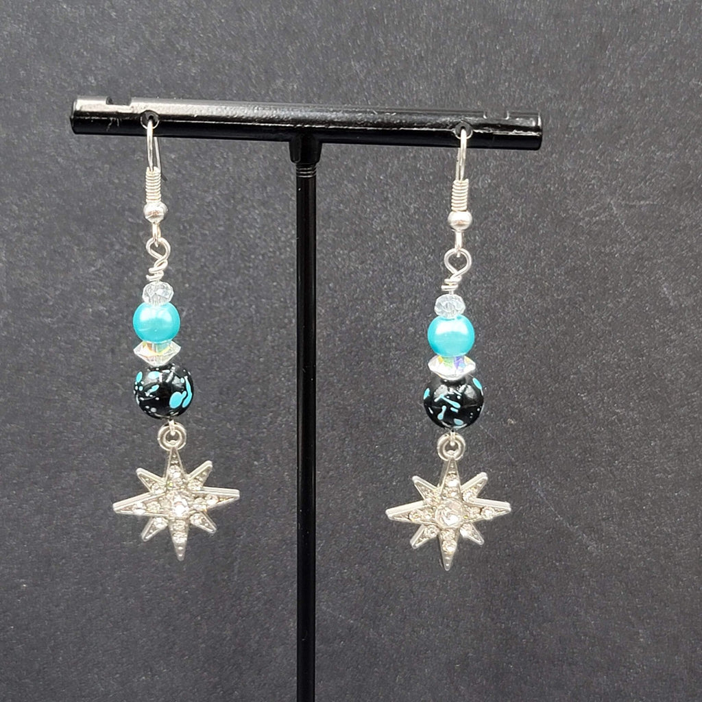 Pierced Earrings Silver tone Blue Bead Rhinestone Star Dangle 1.75"