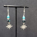 Pierced Earrings Silver tone Blue Bead Rhinestone Star Dangle 1.75"