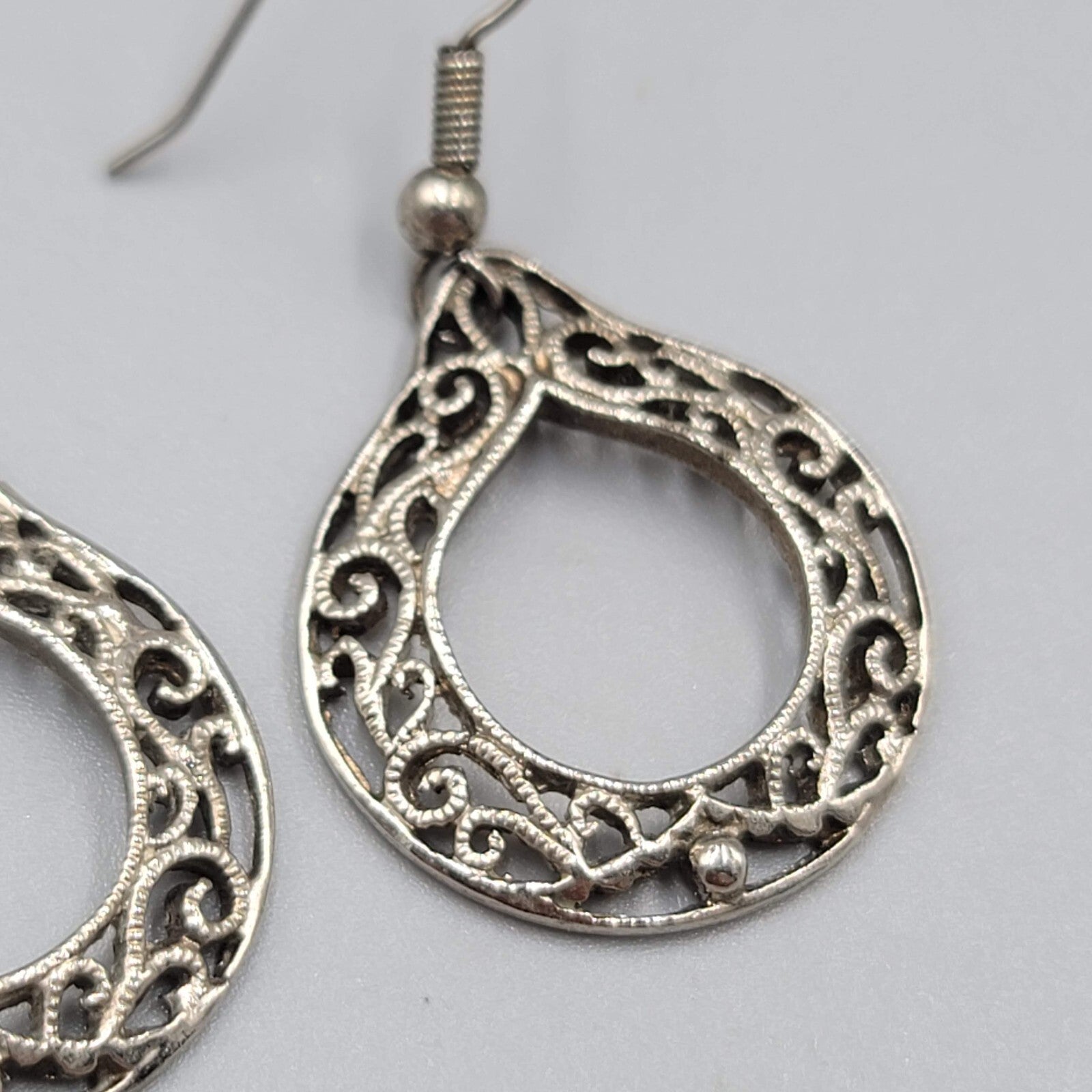 Vintage Pierced Earrings Silver tone Open Filigree Dangle 1"