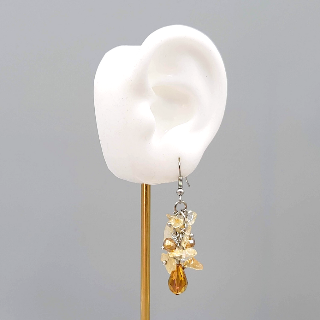 Quartz and Crystal Cluster Beads Pierced Earrings Silver tone Dangle 1.5"