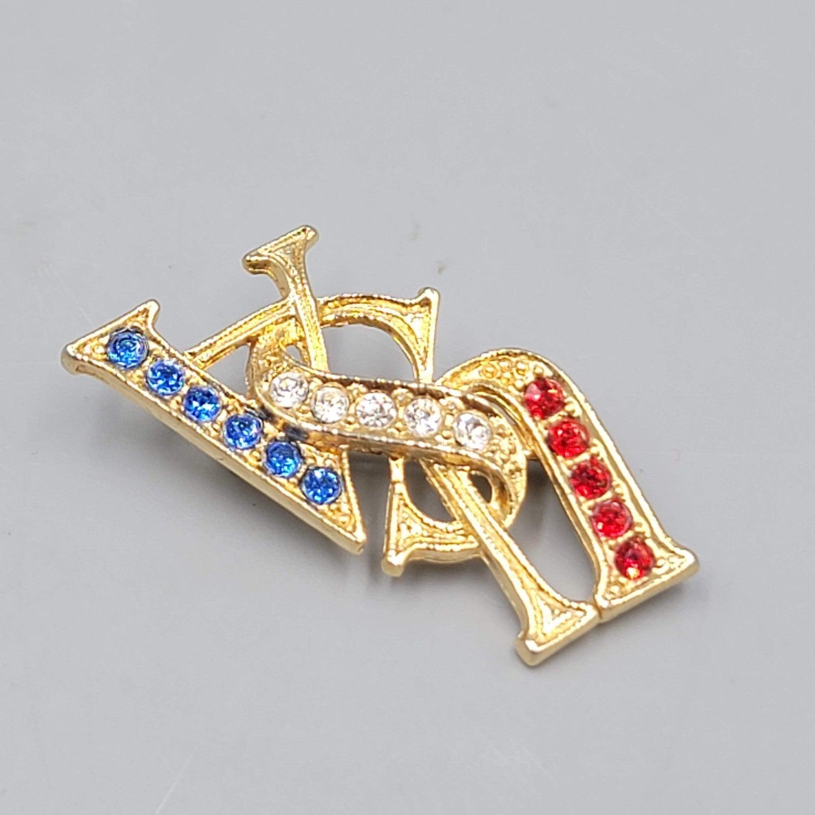 Vintage USA Rhinestone Brooch Gold tone Patriotic 1.25"
