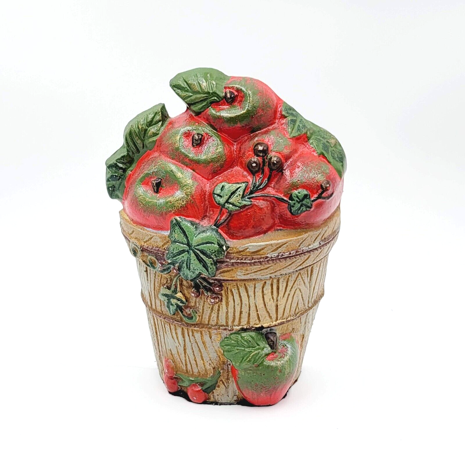 Vintage Cast Iron Doorstop Basket of Apples Painted 6.5"
