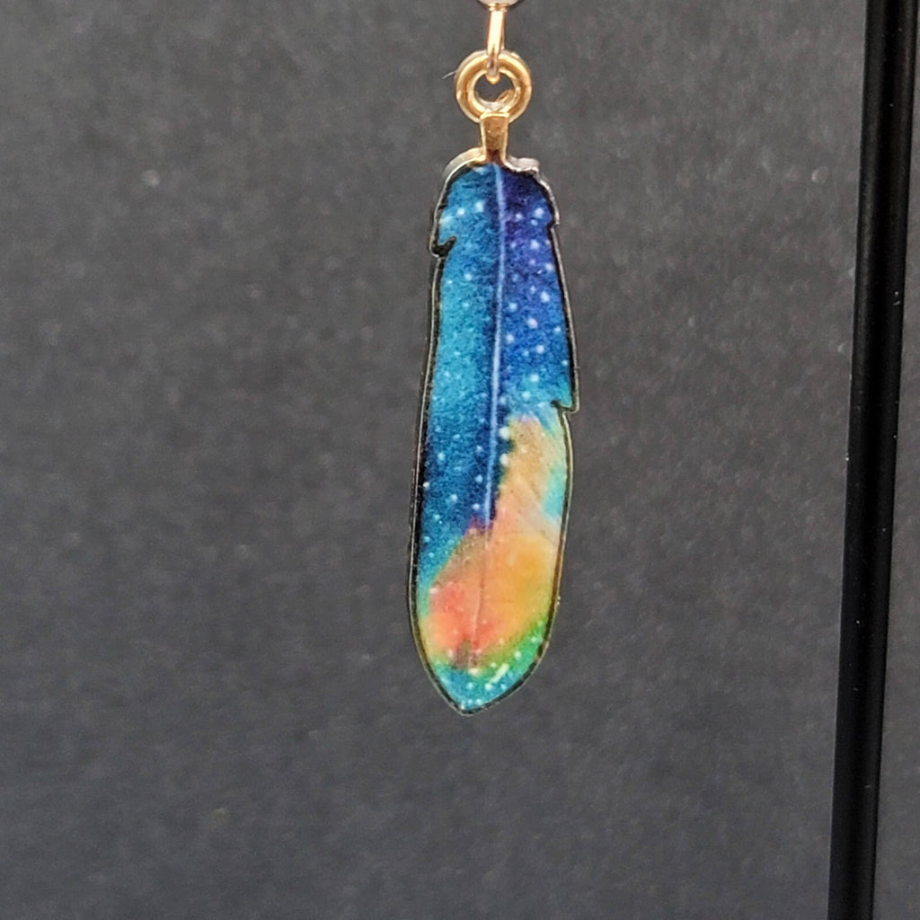 Metal Feather Pierced Earrings Cosmic Blue Galaxy Gold tone Dangle 1.5"