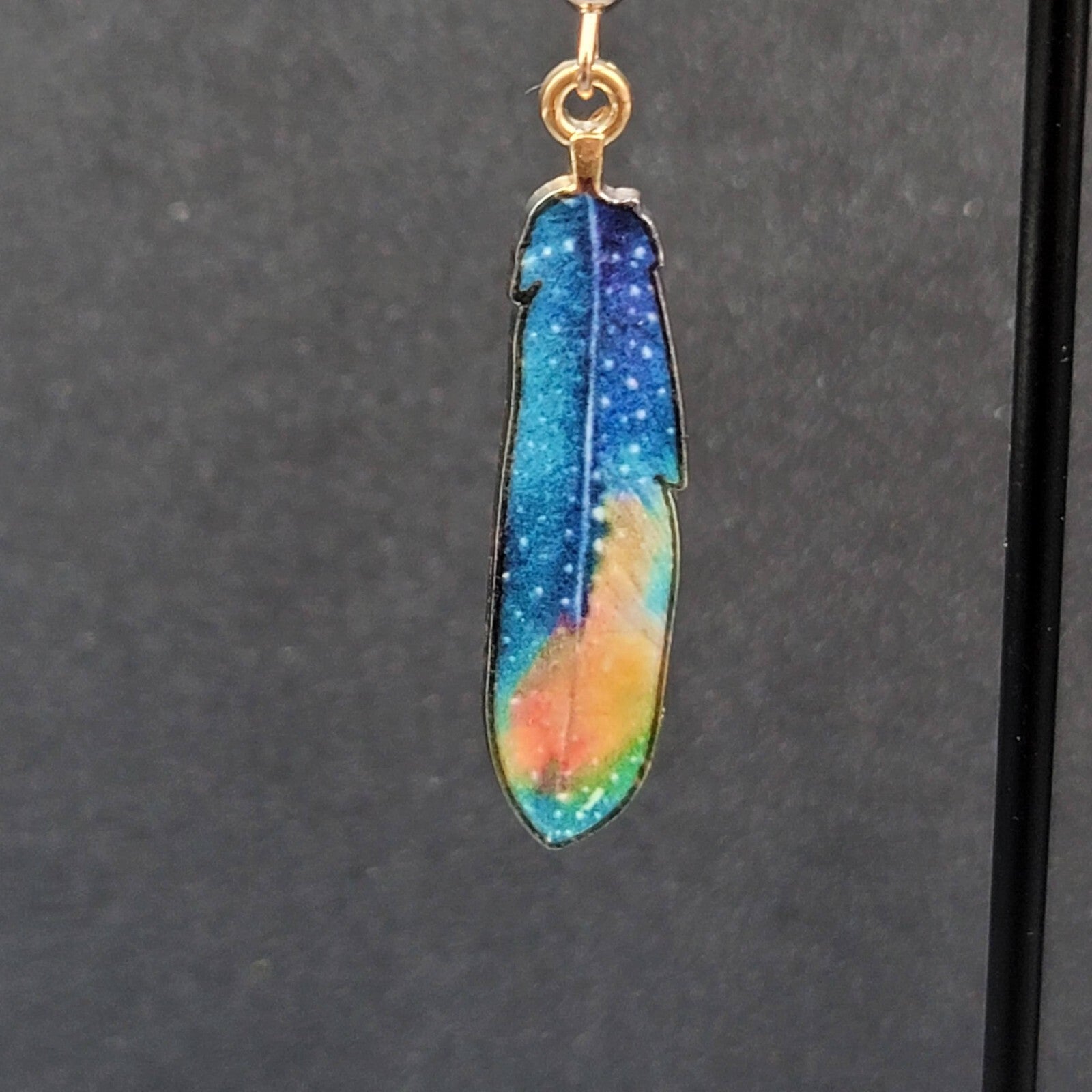 Metal Feather Pierced Earrings Cosmic Blue Galaxy Gold tone Dangle 1.5"