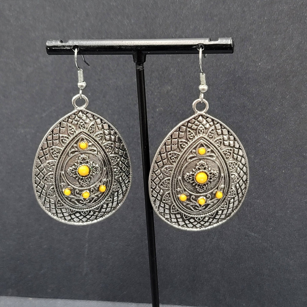 Pierced Earrings Silver tone Teardrop Medallion Yellow Accents Boho 1 7/8"