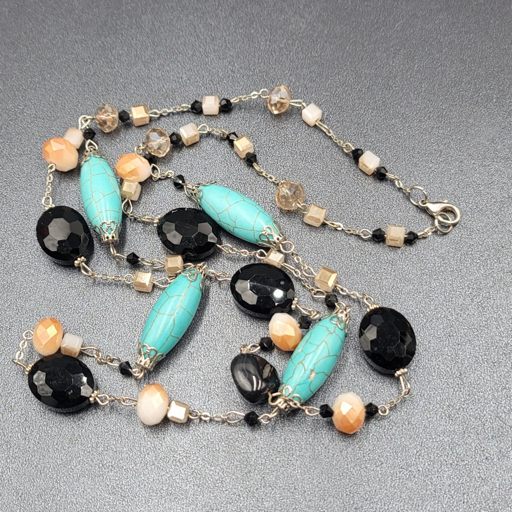 Blue Black White Stone Station Beaded Necklace Silver tone Layered  24"