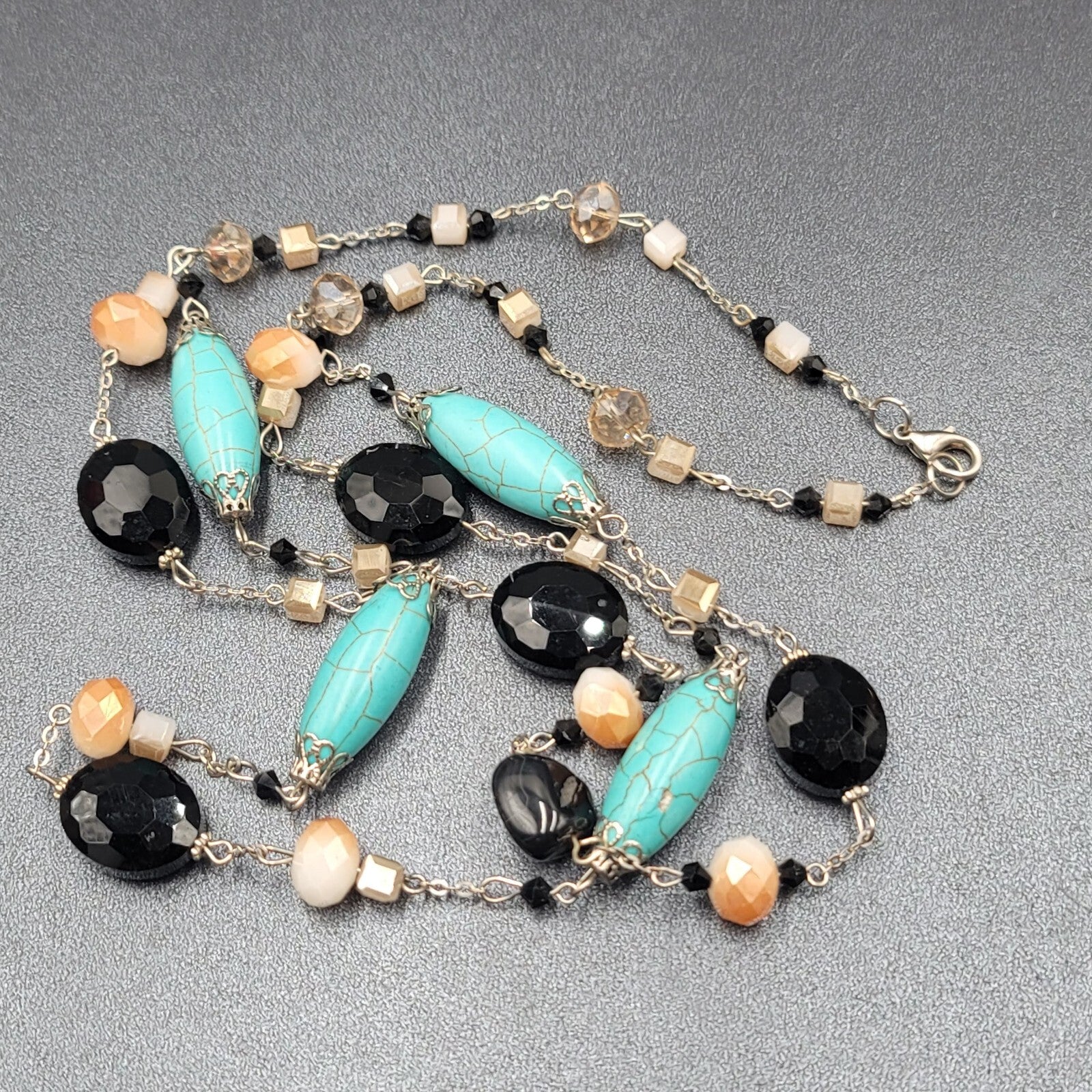 Blue Black White Stone Station Beaded Necklace Silver tone Layered  24"