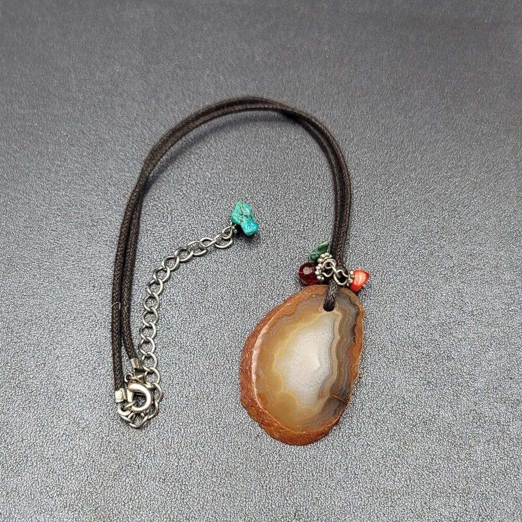 Banded Agate Geode Slice Pendant Necklace Beads Black Cord 15"-18"
