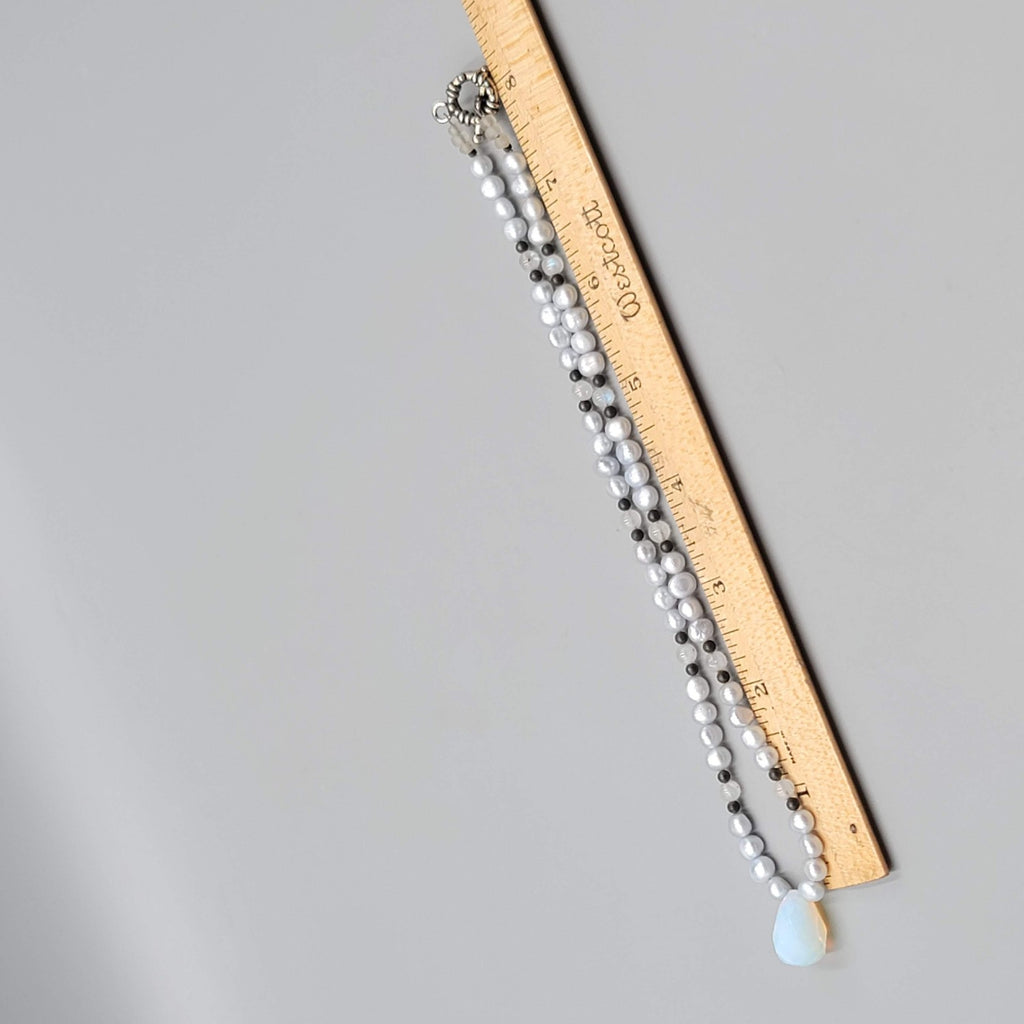 Pearl Bead Necklace Faceted Opalite Pendant Toggle Clasp 16"