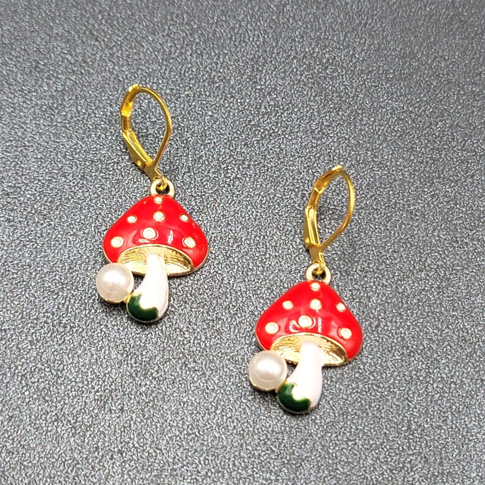 Mushroom Pierced Earrings Faux Pearl Enamel Red White Polka Dot Dangle 3/4"