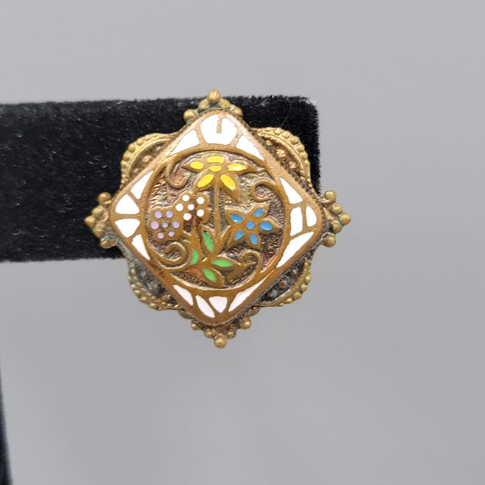 Antique Vintage Flower Enamel Clip on Earrings Brass Gold tone Square 7/8"