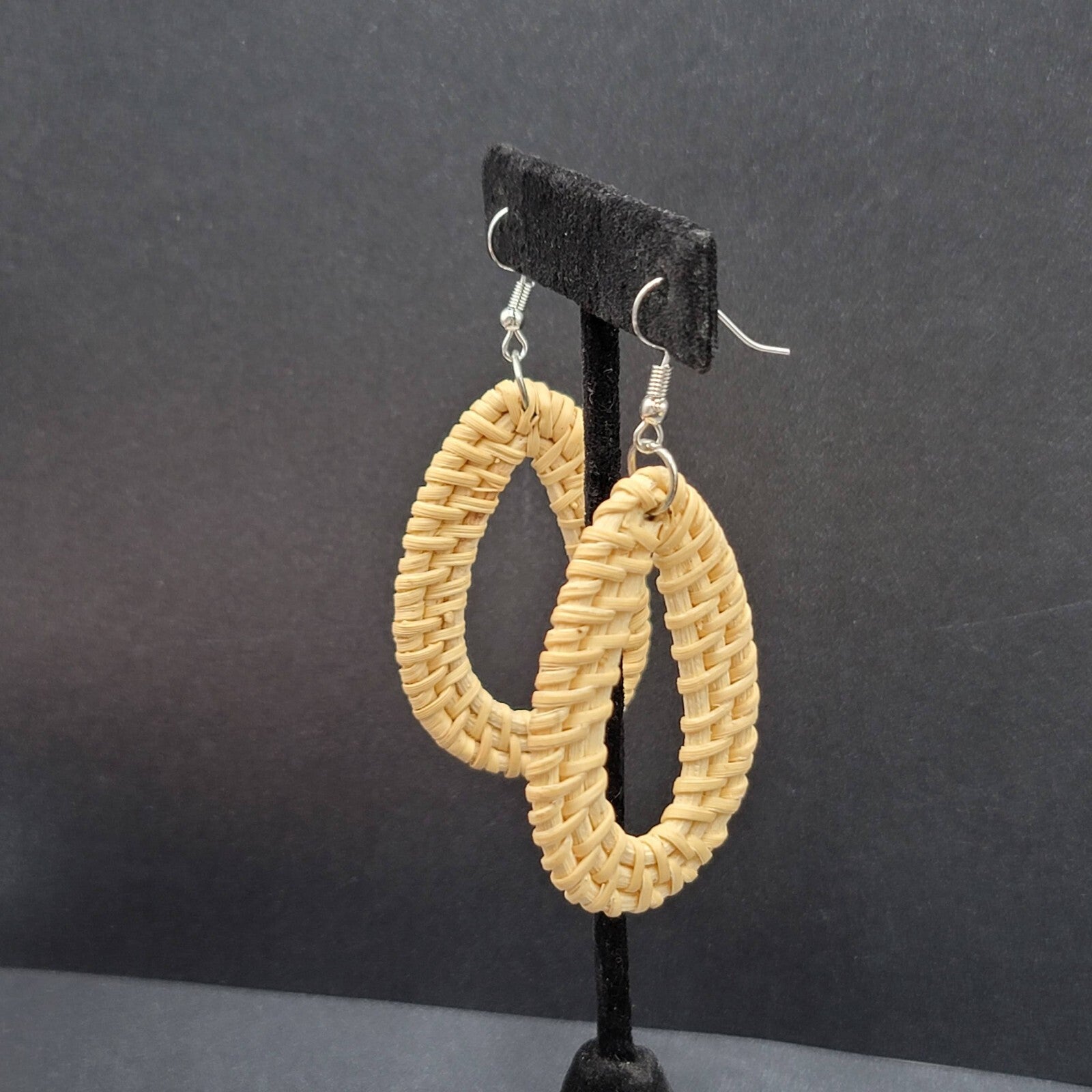 Pierced Earrings Rattan Open Teardrop Dangle Silver tone Hook 2.25"