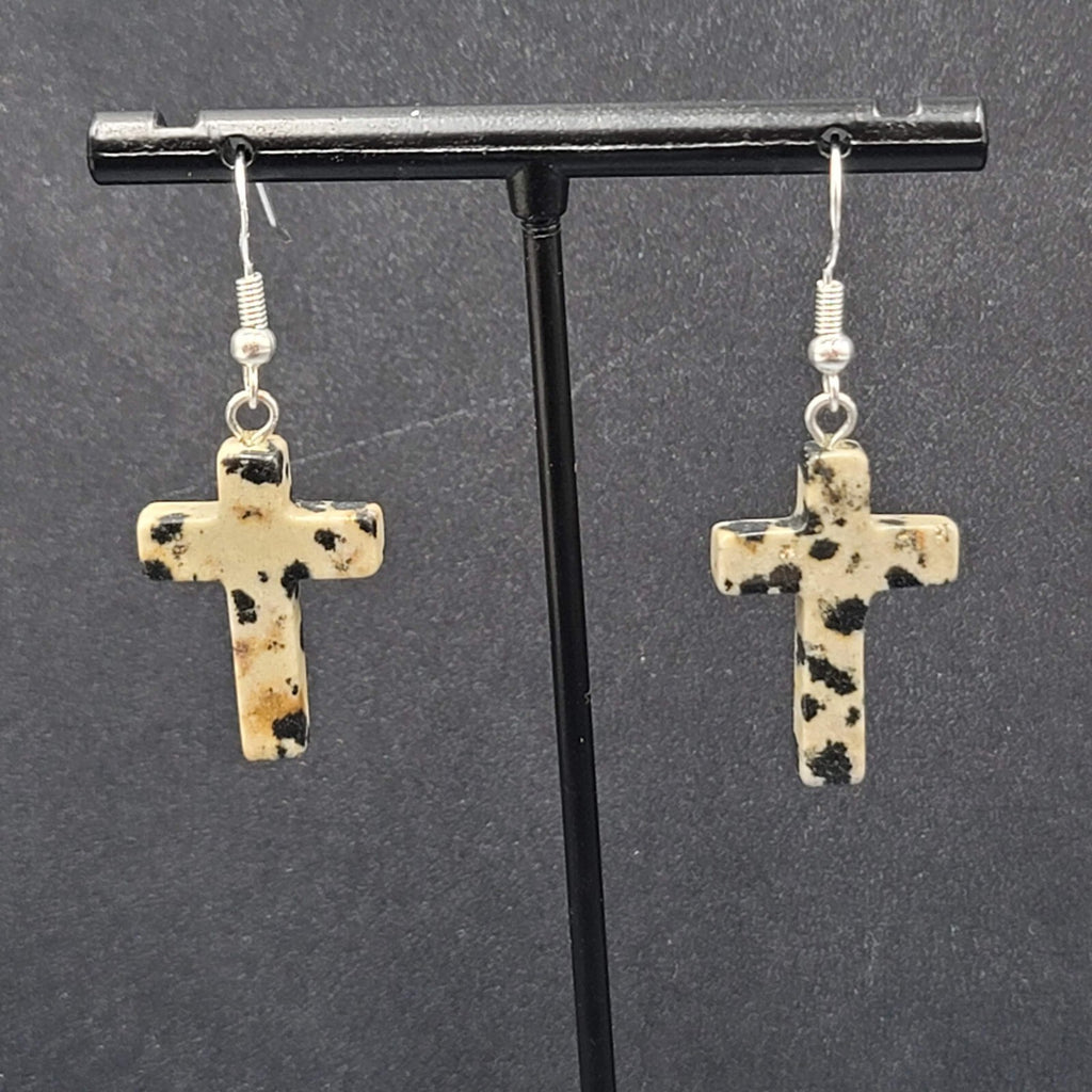Sterling Silver Cross Pierced Earrings 925 Jasper Stone 1"