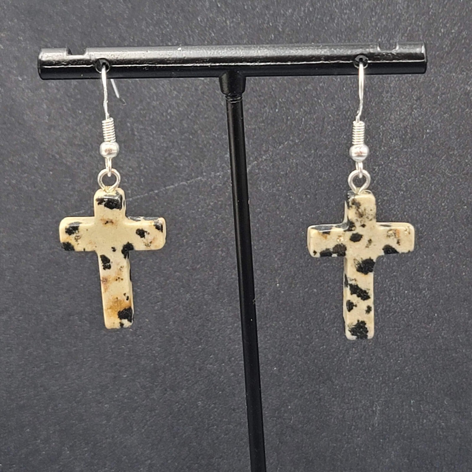 Sterling Silver Cross Pierced Earrings 925 Jasper Stone 1"