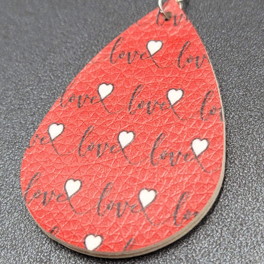 Love Pierced Earrings Faux Leather Valentines Day Teardrop Dangle 2.25"