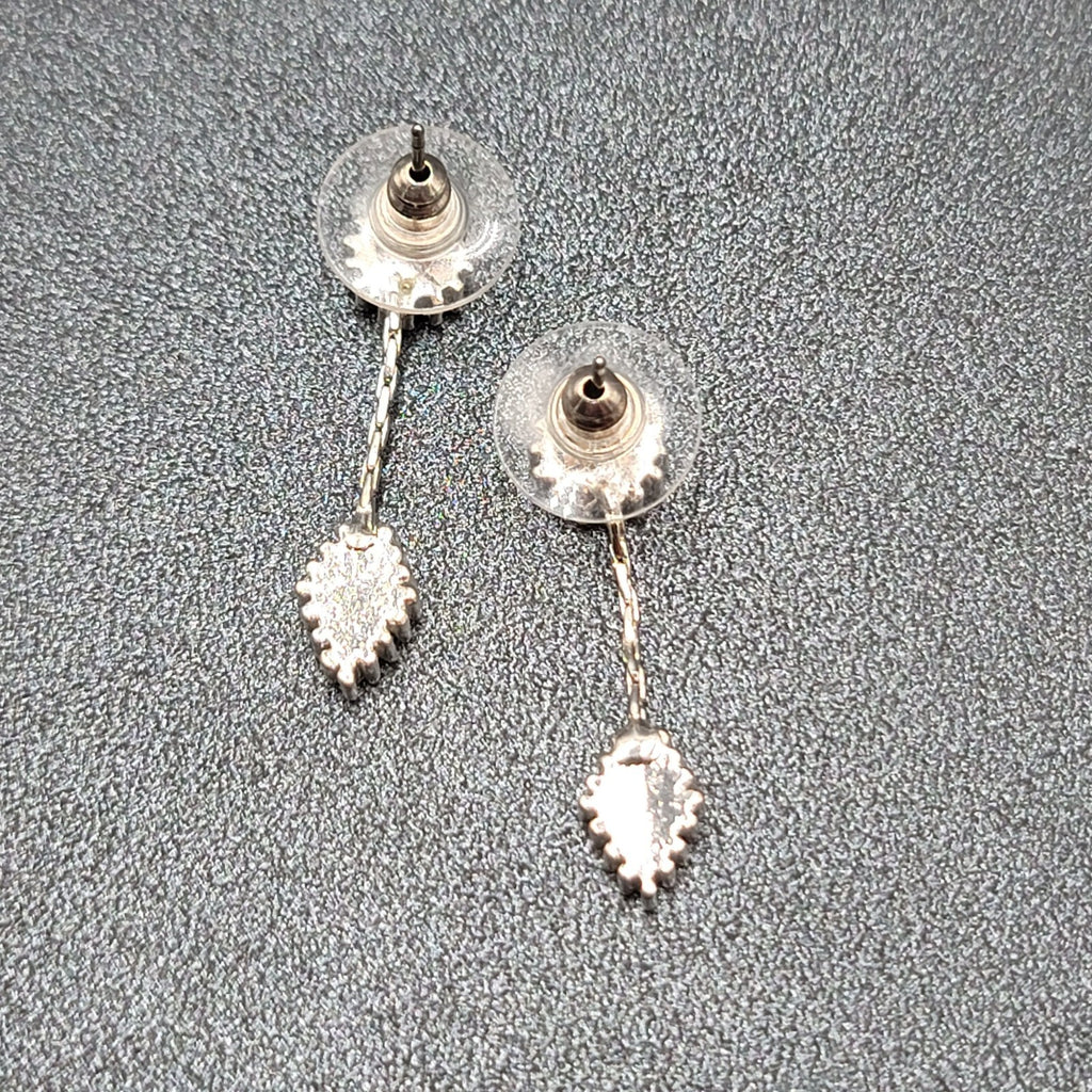 Pierced Earrings Silver tone Brown Enamel Dangle Unique Design  1.25"