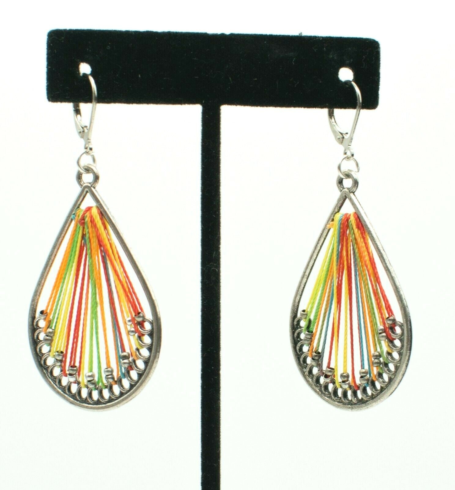 Pierced Earrings Silver tone Dangle Rainbow Thread 2"
