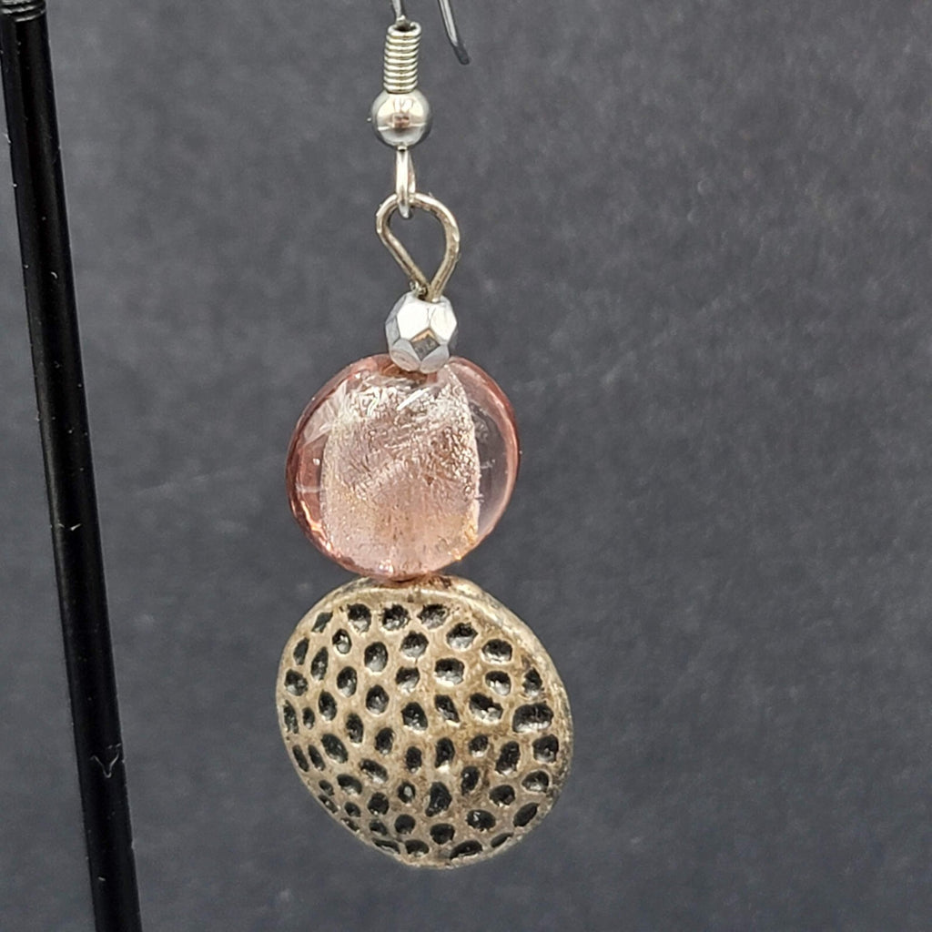 Pierced Earrings Silver tone Pink Glass Beaded Dangle 1.5"
