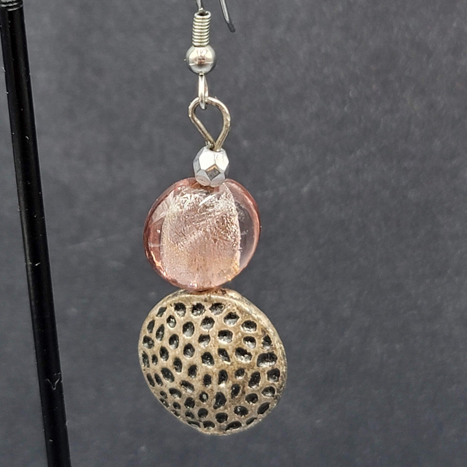 Pierced Earrings Silver tone Pink Glass Beaded Dangle 1.5"
