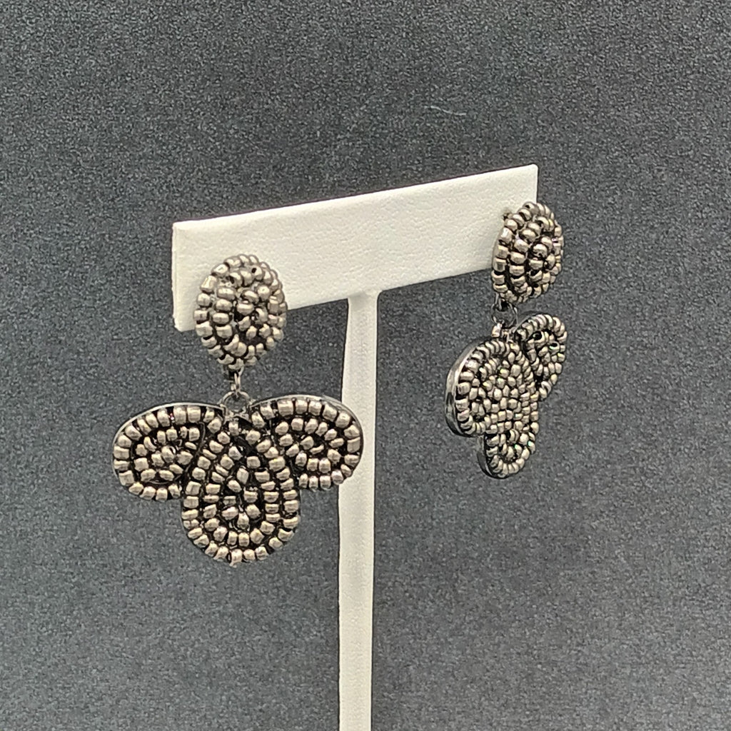 Vintage Pierced Earrings Black Metal Molded Beaded  Dangle 1 5/8"