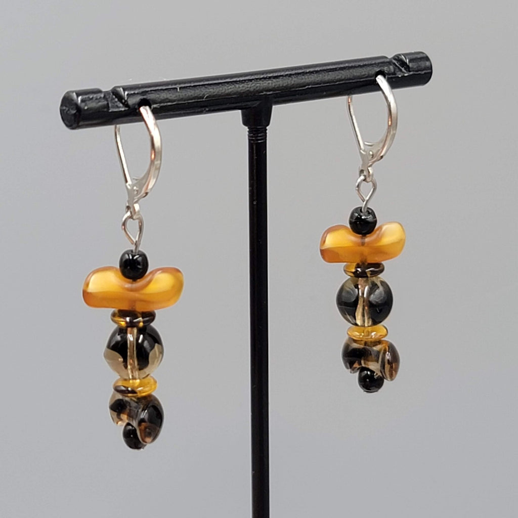 Glass Bead Pierced Earrings Variegated Browns Leverback Dangle Silver tone 1.25"